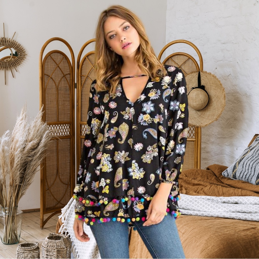 🎉HP🎉 Pom Pom Boho Paisley Tunic Top Blouse